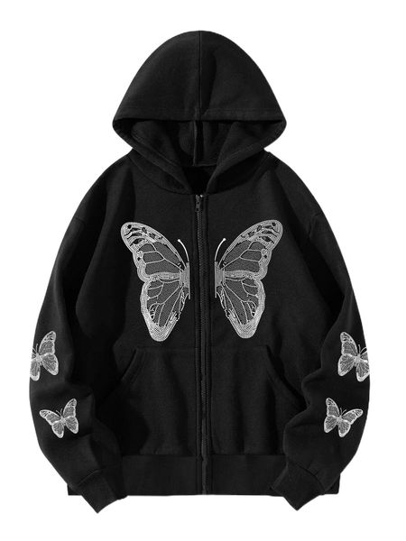 butterfly print zip up drawstring thermal hoodie 02in#, Black
butterfly print zip up drawstring thermal hoodie 02in#, Black