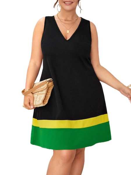 plus striped print v neck dress w7g6#, Black