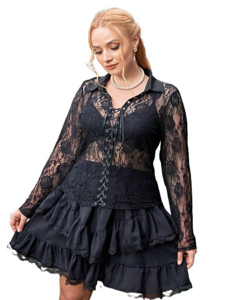 plus grommet lace up lace without bra 85mu#, Black