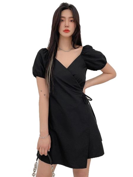 dazy puff sleeve wrap dress t6m5#, Black;gray