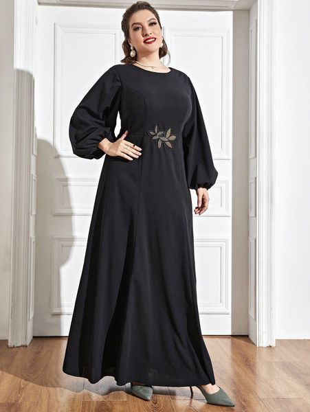 plus embroidered applique lantern sleeve dress s5of#, Black