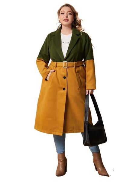 plus two tone lapel neck single breasted belted overcoat i8dw#, Black