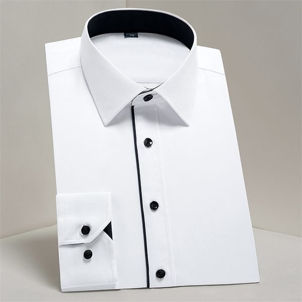 men's classic contrast stitching front placket dress shirts without pocket long sleeve business standard-fit social office shirt 220401, White;black
men's classic contrast stitching front placket dress shirts without pocket long sleeve business standard-fit social office shirt 220401, White;black