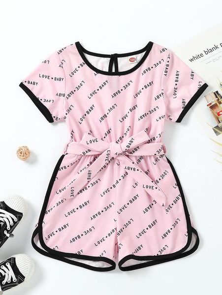 toddler girls letter graphic contrast binding belted romper she, Blue