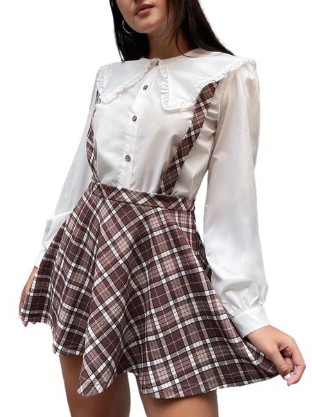 plaid print pinafore skirt 33iv#, Black