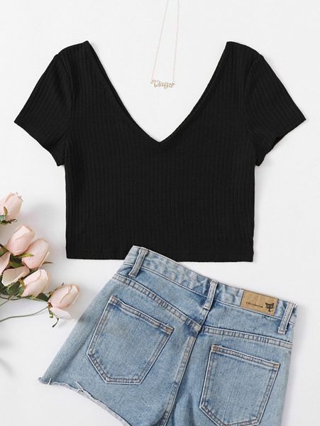 double v-neck rib-knit r7mc#, White