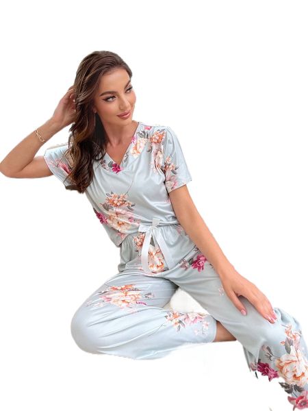 floral print & bow front pants pj set m0w6#, Black;red