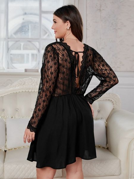 plus lace insert tie backless dress n4ld#, Black