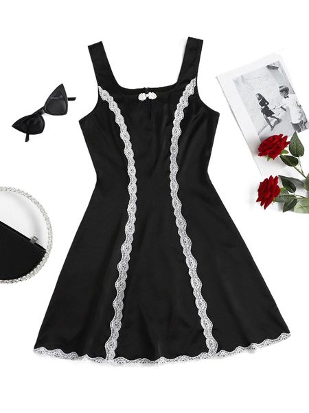 contrast lace detail flare hem dress n6qz#, Black;gray
contrast lace detail flare hem dress n6qz#, Black;gray