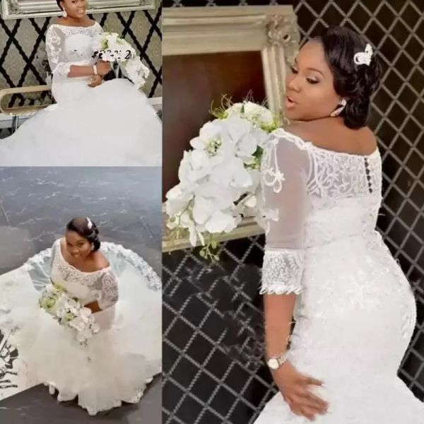 2022 african mermaid wedding dresses bridal gown scoop neck 3/4 long sleeves lace applique beaded custom made sweep train plus size vestido, White
2022 african mermaid wedding dresses bridal gown scoop neck 3/4 long sleeves lace applique beaded custom made sweep train plus size vestido, White