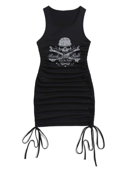 romwe punk rock skull letter graphic drawstring tank dress s3nh#, Black;gray