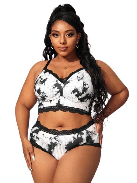 plus tie dye lace trim lingerie set x5bm#, Black;white 
plus tie dye lace trim lingerie set x5bm#, Black;white