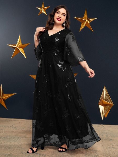 plus sequin decor mesh maxi dress 64re#, Black