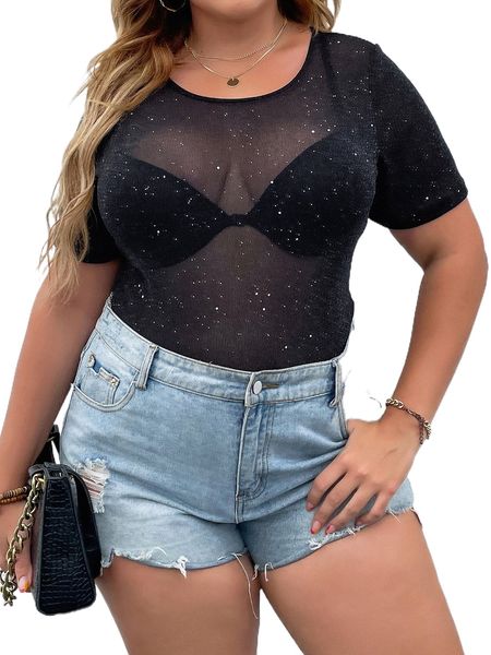 plus round neck mesh sheer bodysuit without lingerie set v6bj#, Black