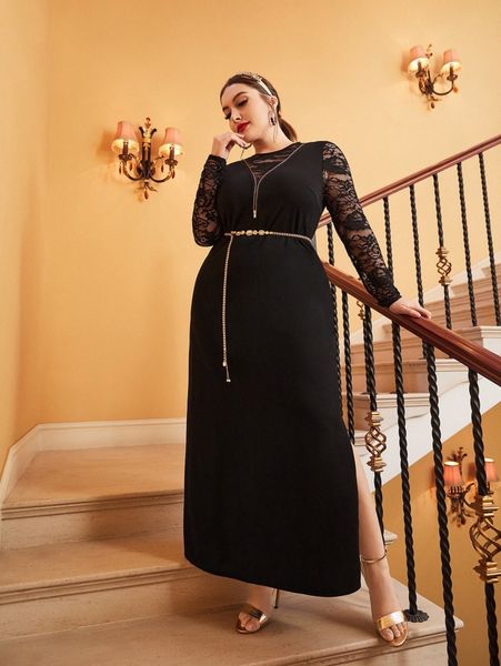 plus contrast lace slit hem dress without chain t00e#, Black