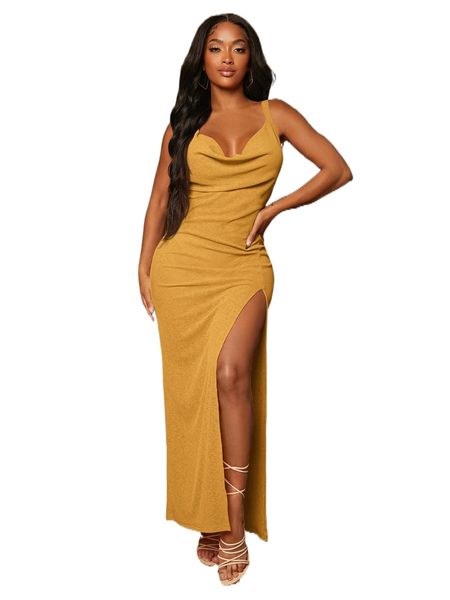 sxy cowl neck split thigh slip dress o3wf#, Black;gray