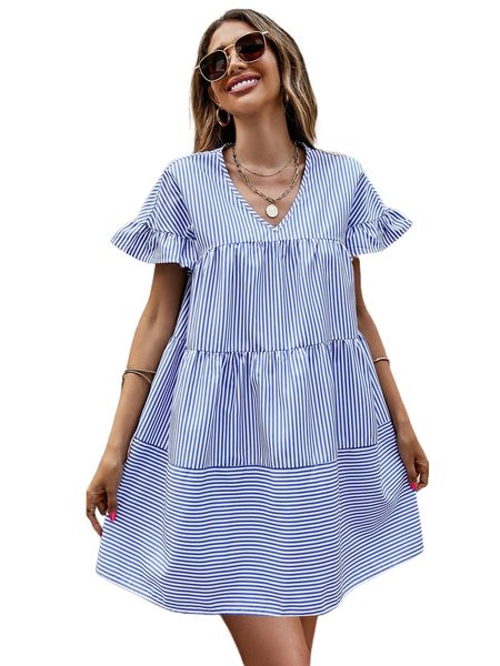 striped flounce sleeve smock dress n7a6#, Black;gray
striped flounce sleeve smock dress n7a6#, Black;gray