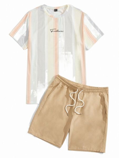 men striped & letter graphic tee & drawstring waist shorts f1gw#, Gray
men striped & letter graphic tee & drawstring waist shorts f1gw#, Gray