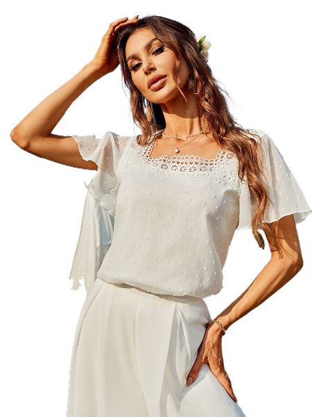 swiss dot contrast lace butterfly sleeve blouse u7z4#, White
swiss dot contrast lace butterfly sleeve blouse u7z4#, White