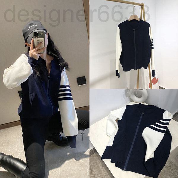 women's knits & tees designer tb wool baseball jacket four bar knitted casual coat dark blue classic men's and women's jacket, White
women's knits & tees designer tb wool baseball jacket four bar knitted casual coat dark blue classic men's and women's jacket, White