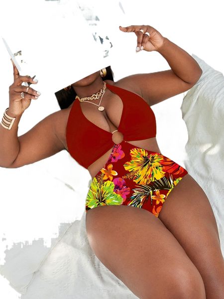plus tropical print ring linked one piece swimsuit i937#, White;black