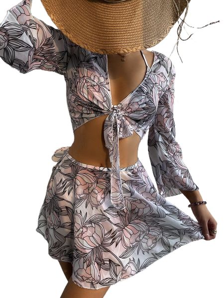 4pack allover plant print triangle bikini swimsuit & cover up with skirt set r5a4#, White;black
4pack allover plant print triangle bikini swimsuit & cover up with skirt set r5a4#, White;black