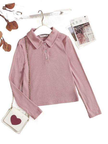 girls polo neck ribbed knit tee e7ud#, Black;white