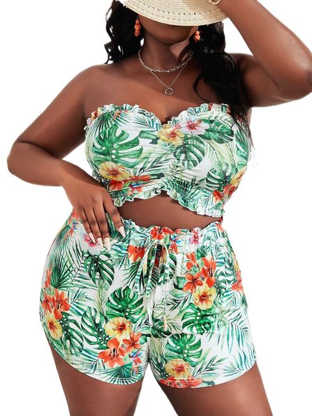 sxy plus tropical print frill trim ruched bust tube & paper bag waist tie waist shorts 17rp#, Black
sxy plus tropical print frill trim ruched bust tube & paper bag waist tie waist shorts 17rp#, Black