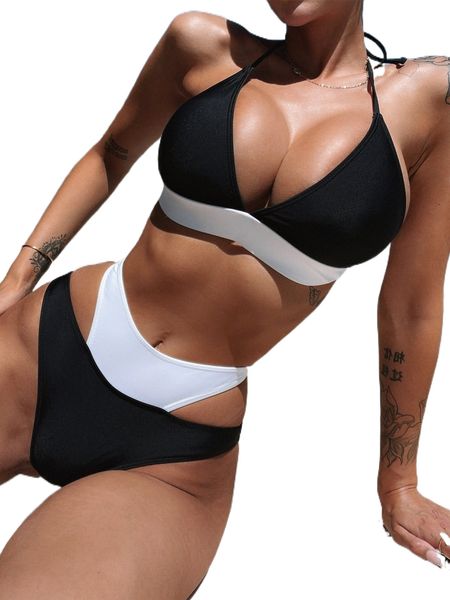 color block halter triangle bikini swimsuit s8fz#, White;black 
color block halter triangle bikini swimsuit s8fz#, White;black