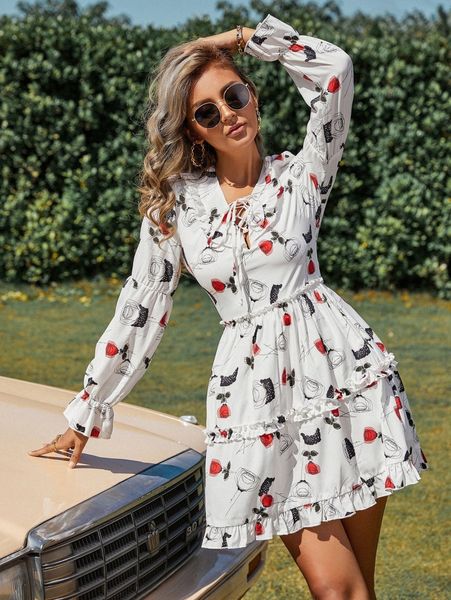 eilly bazar floral print lace up frill trim flounce sleeve dress h7yy#, Black;gray 
eilly bazar floral print lace up frill trim flounce sleeve dress h7yy#, Black;gray