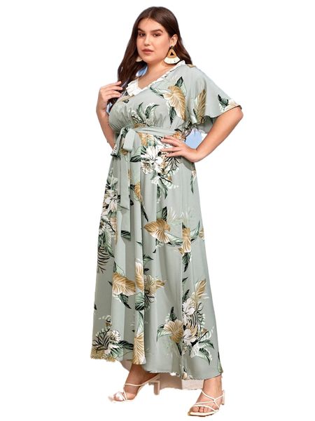 plus tropical print butterfly sleeve ruffle trim belted dress 17nm#, Black
plus tropical print butterfly sleeve ruffle trim belted dress 17nm#, Black