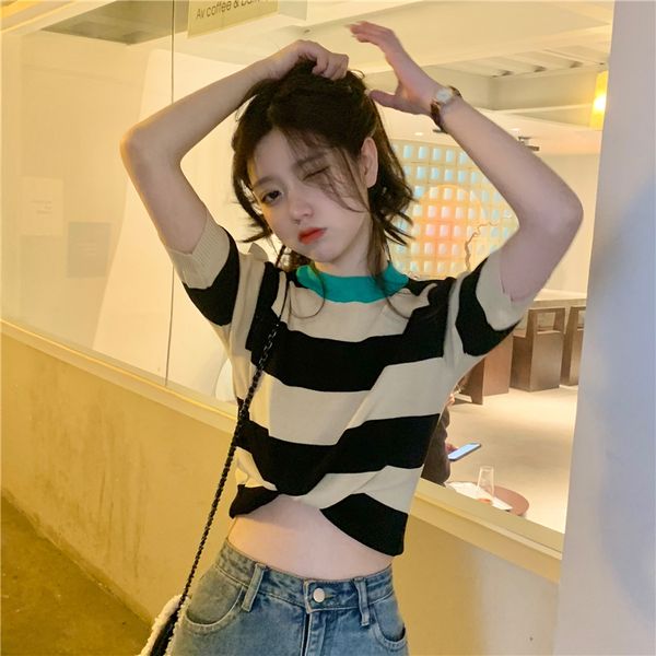 women's t-shirt spell color blue black striped knitted women spring summer fashion knitting female slim simple t shirts, White
women's t-shirt spell color blue black striped knitted women spring summer fashion knitting female slim simple t shirts, White