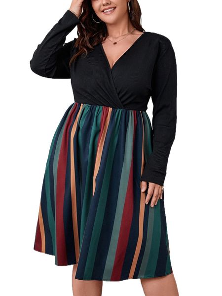 plus striped surplice neck dress i8ft#, Black