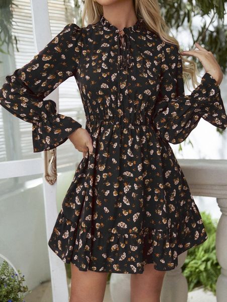 tie neck floral print flounce sleeve dress k64s#, Black;gray
tie neck floral print flounce sleeve dress k64s#, Black;gray