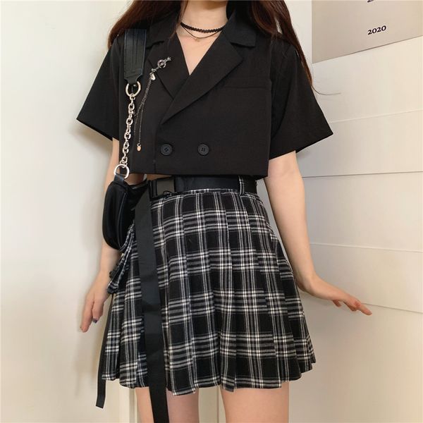 work dresses black casual 2 pieces set women plaid skirt sashes short sleeve notched coat crop brooch fashion girls setwork workwor, White;black
work dresses black casual 2 pieces set women plaid skirt sashes short sleeve notched coat crop brooch fashion girls setwork workwor, White;black