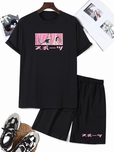 men cartoon & japanese letter graphic tee & shorts d6l8#, Gray