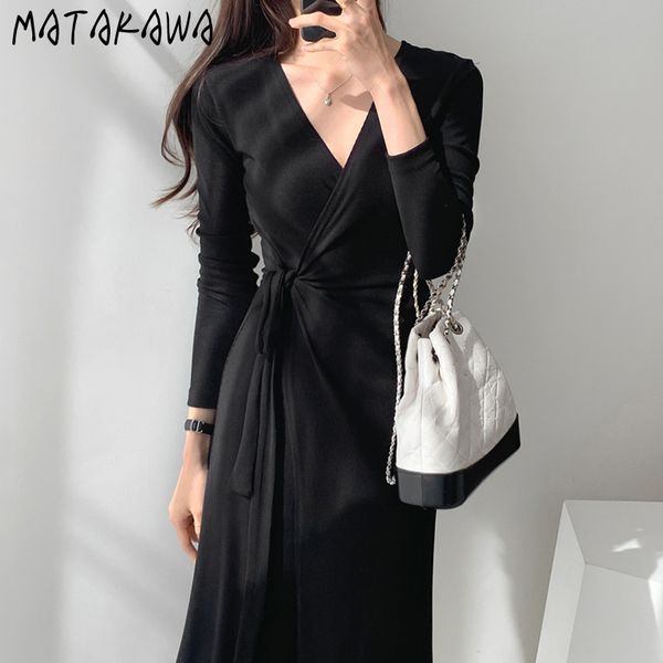 french slim waist vestidos korean chic vneck women dress cross side strap long sleeve slit midi knit dresses 210506, Black;gray
french slim waist vestidos korean chic vneck women dress cross side strap long sleeve slit midi knit dresses 210506, Black;gray