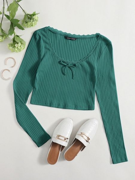 lace trim bow front rib-knit r82d#, White
lace trim bow front rib-knit r82d#, White