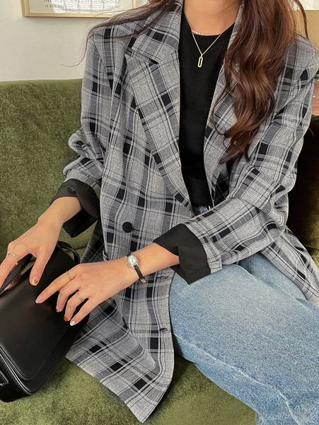 dazy plaid double breasted blazer 91wy#, White