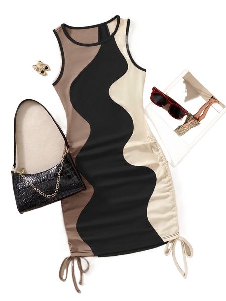 drawstring side color block bodycon tank dress m1dm#, Black;gray 
drawstring side color block bodycon tank dress m1dm#, Black;gray