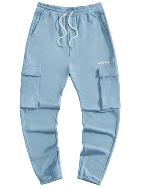 men letter graphic drawstring waist flap pocket sweatpants b8so#, Black