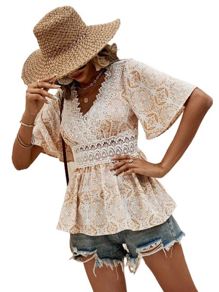 damask print contrast guipure lace tie back flutter sleeve peplum blouse d0ue#, White
damask print contrast guipure lace tie back flutter sleeve peplum blouse d0ue#, White