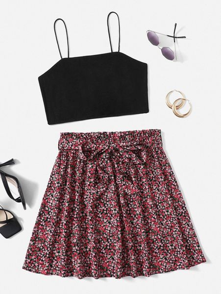 plus solid cami & ditsy floral belted skirt f0ob#, Black
plus solid cami & ditsy floral belted skirt f0ob#, Black