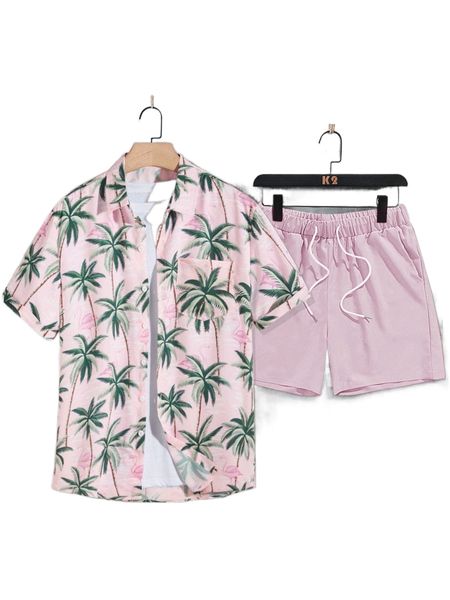 men palm tree print shirt & drawstring waist shorts without tee j7gk#, Gray