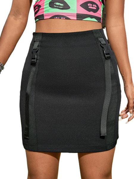 buckled tape detail bodycon skirt 93hg#, Black