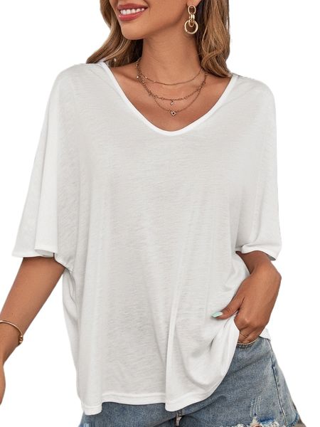 solid batwing sleeve v-neck tee p9ll#, White 
solid batwing sleeve v-neck tee p9ll#, White