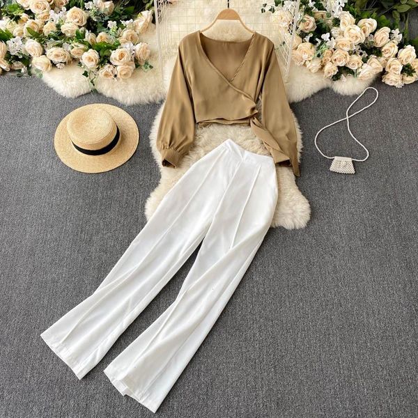 women summer korean pant fashion v neck casual long sleeve blouses high waist pants two piece set, White
women summer korean pant fashion v neck casual long sleeve blouses high waist pants two piece set, White
