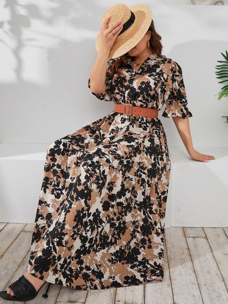 plus floral print puff sleeve ruffle hem dress without belt 40zi#, Black