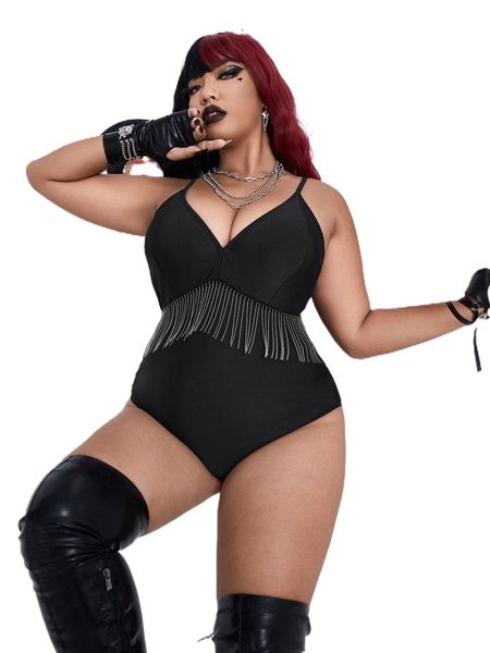 plus fringe trim one piece swimsuit k6v3#, White;black
plus fringe trim one piece swimsuit k6v3#, White;black