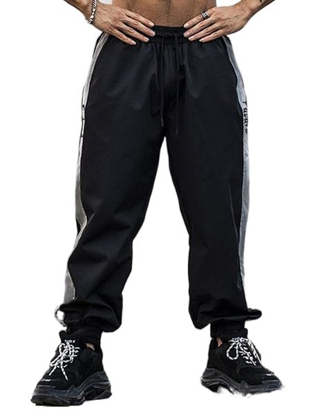 men letter graphic contrast side seam drawstring pants a3rc#, Black